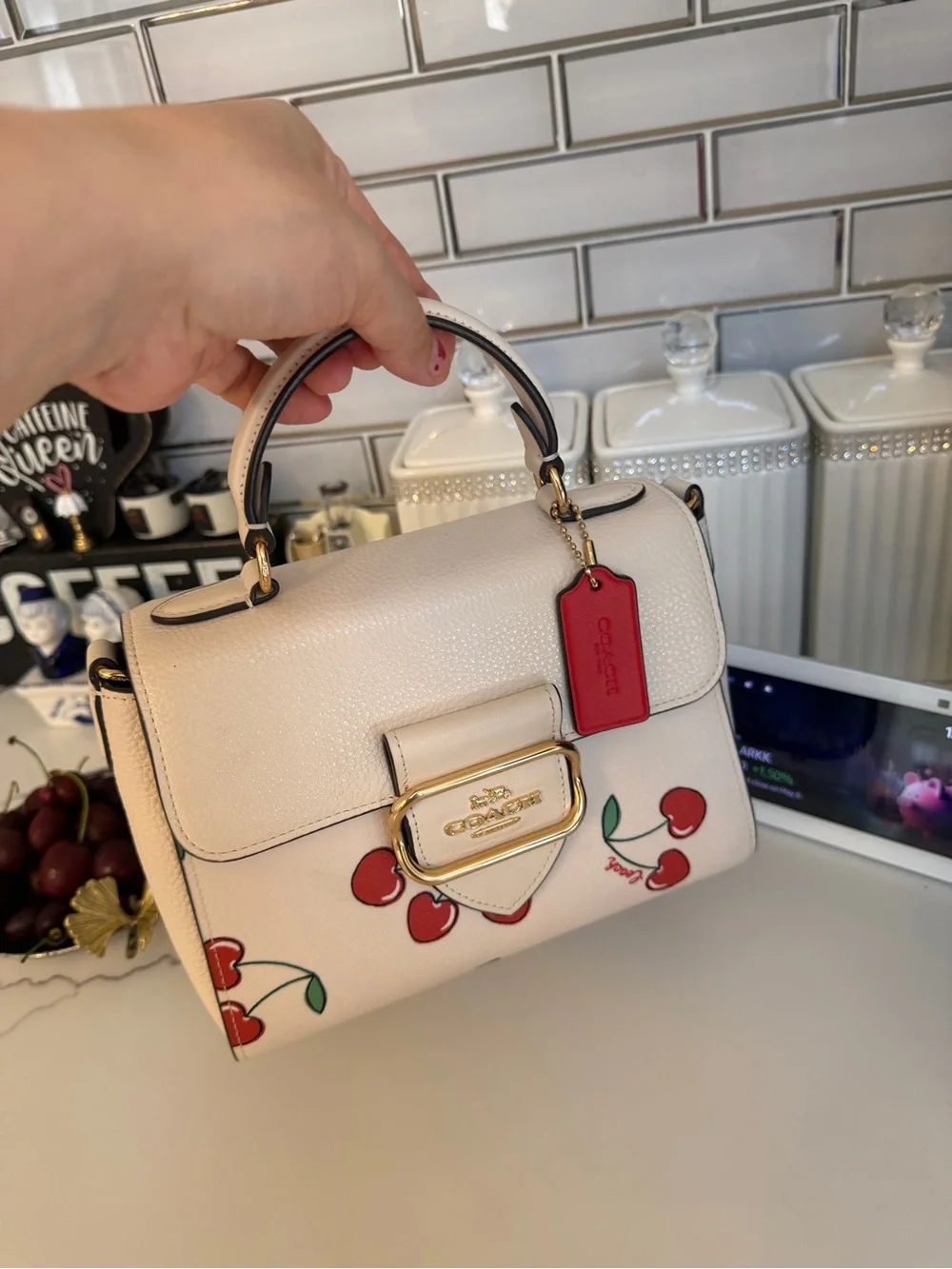 Coach White Leather Top Handle Bag with Cherry Print
